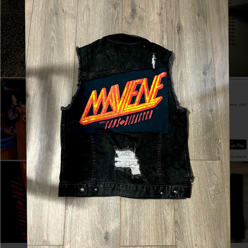 Black distressed jean vest with Maylene and the sons of disaster  patch MATSOD